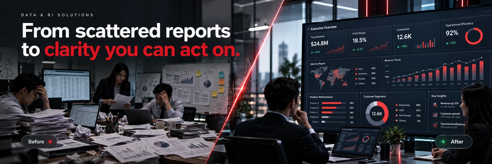 Before and after concept banner for Data & BI Solutions