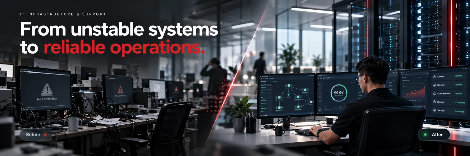 Before and after concept banner for IT Infrastructure & Support