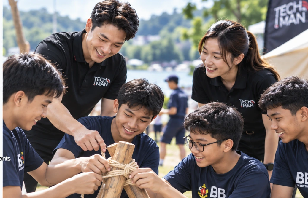 Illustrative Boys' Brigade youth in BB T-shirts collaborating on a pioneering project with Techman volunteers