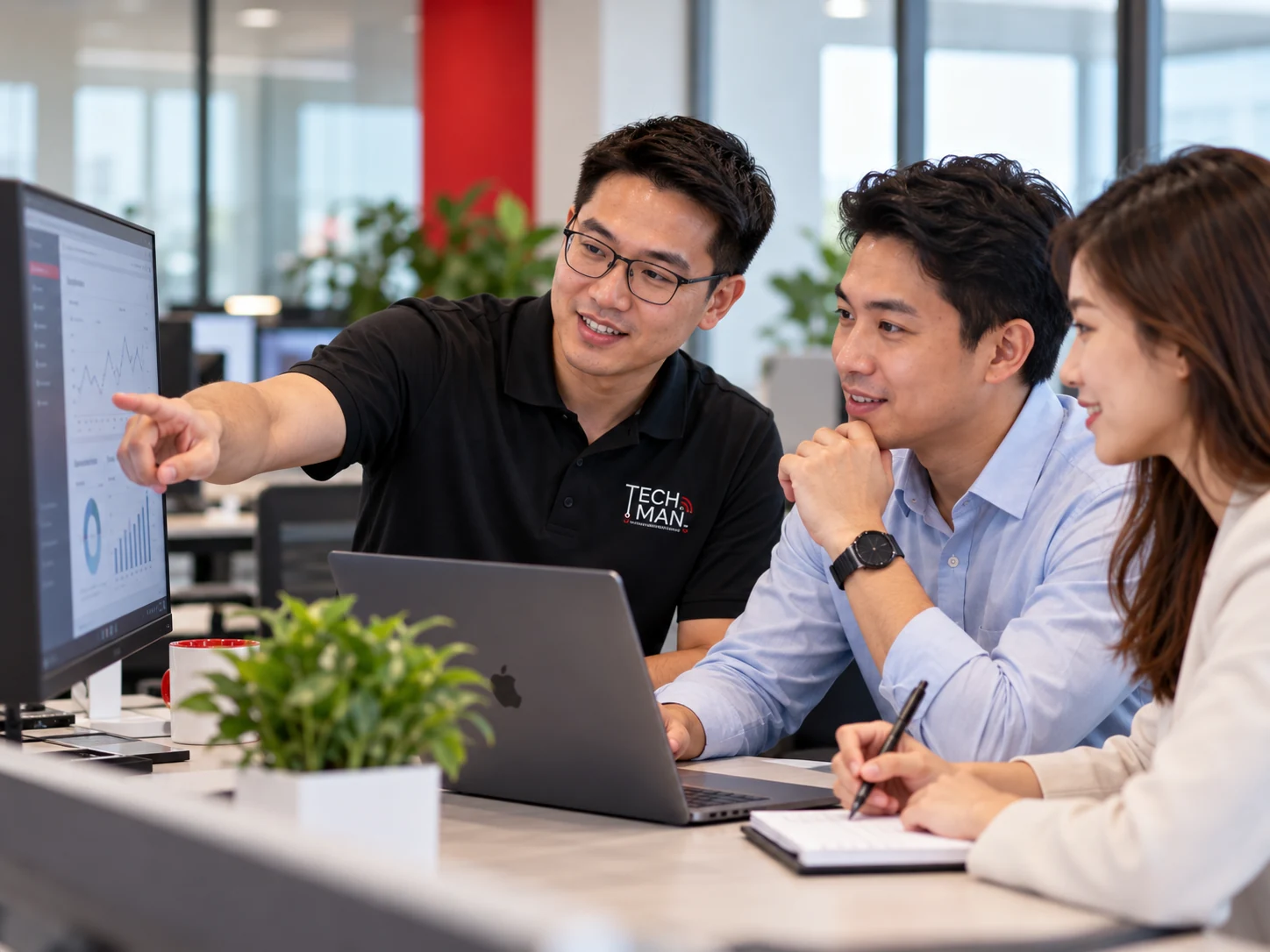 Techman support team reviewing dashboards and improving the solution