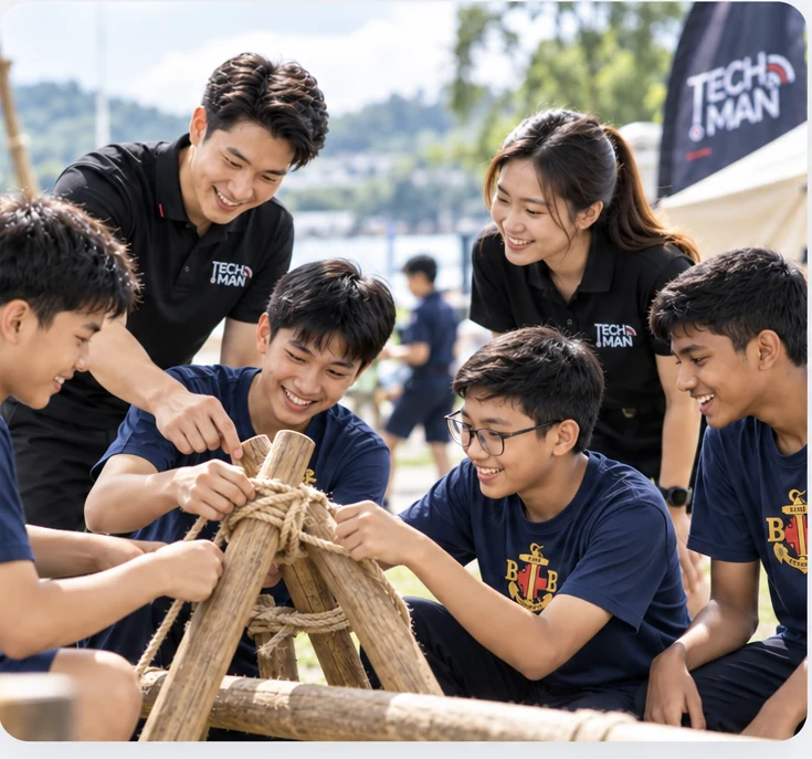 Techman team members supporting Boys’ Brigade youth in a teamwork activity