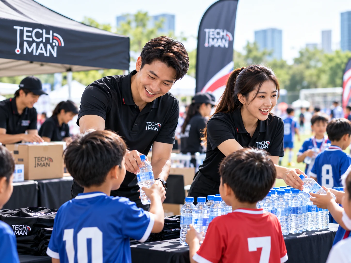 Techman volunteers supporting a youth football day with hydration and community care