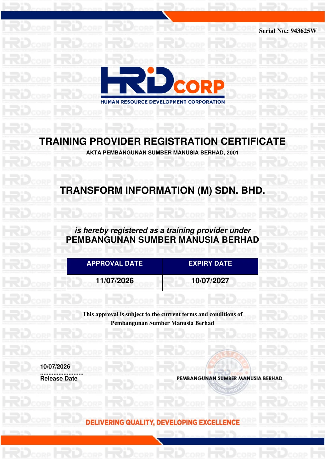 Official HRD Corp Training Provider Registration Certificate for Transform Information (M) Sdn. Bhd., valid until 10 July 2027