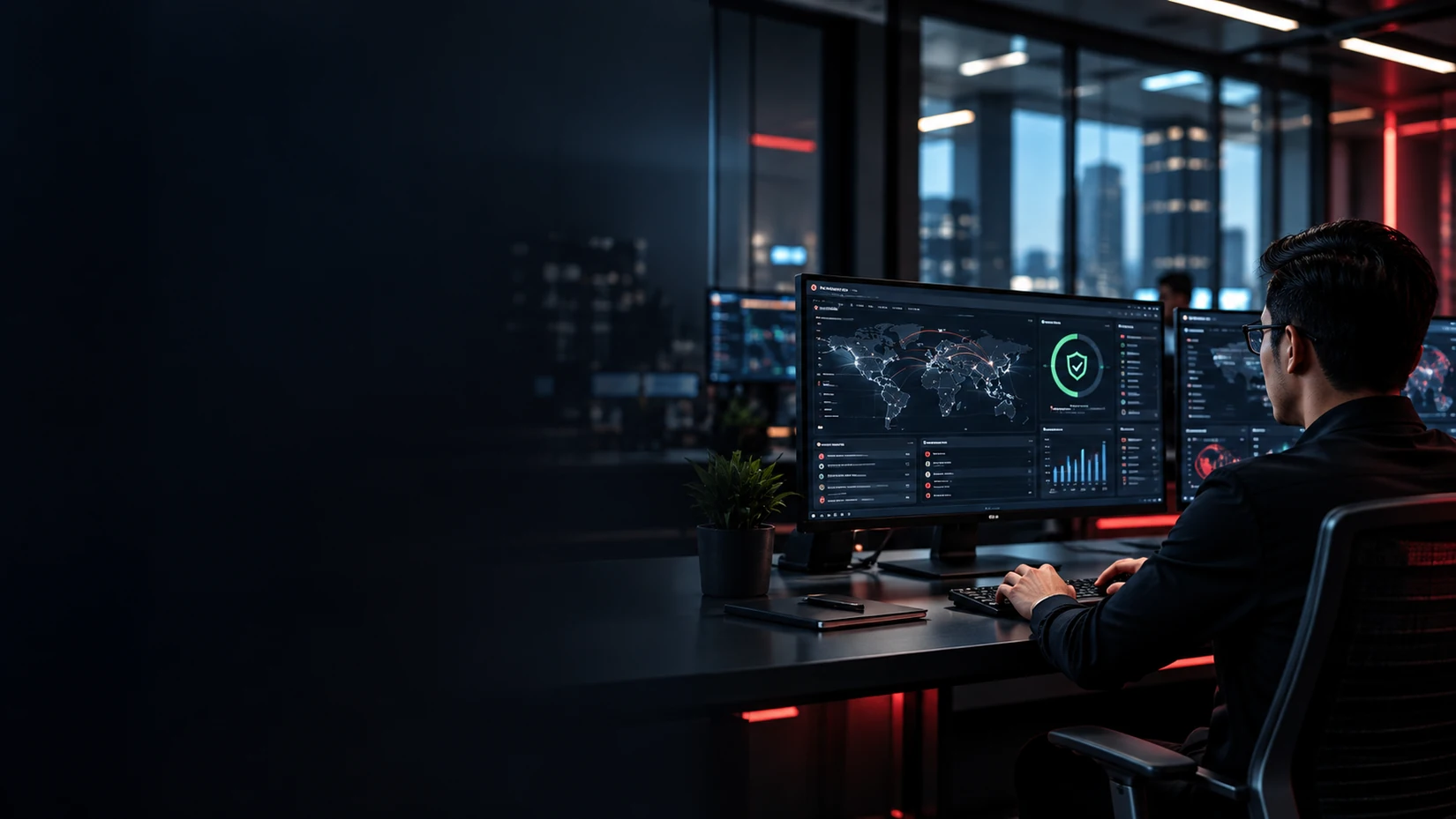 Security analyst workstation with monitors and protective technologies