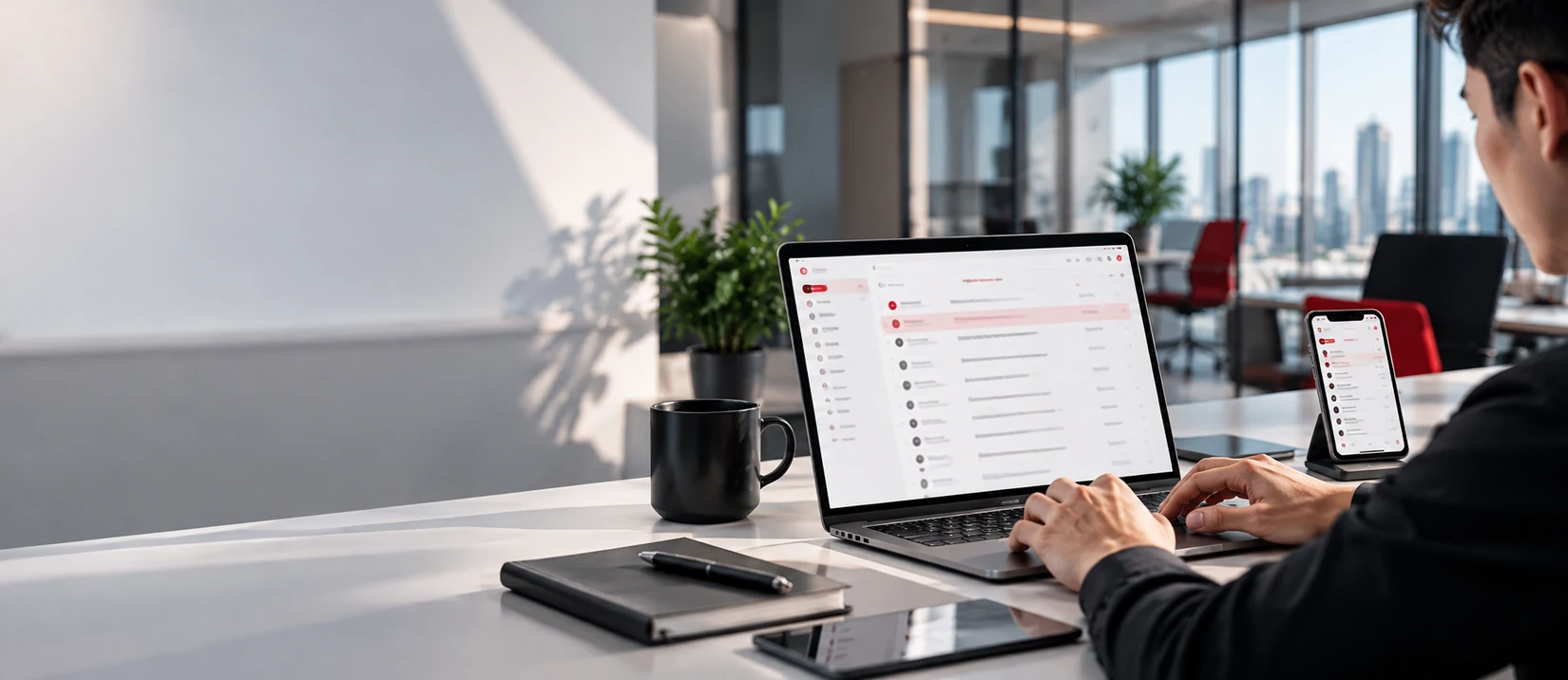 Modern office computer showing an email working environment