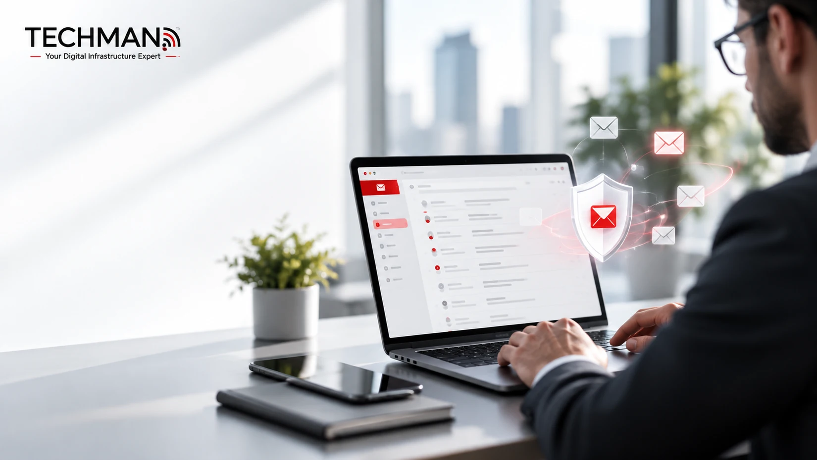 Professional workspace showing email security and hosted business communication
