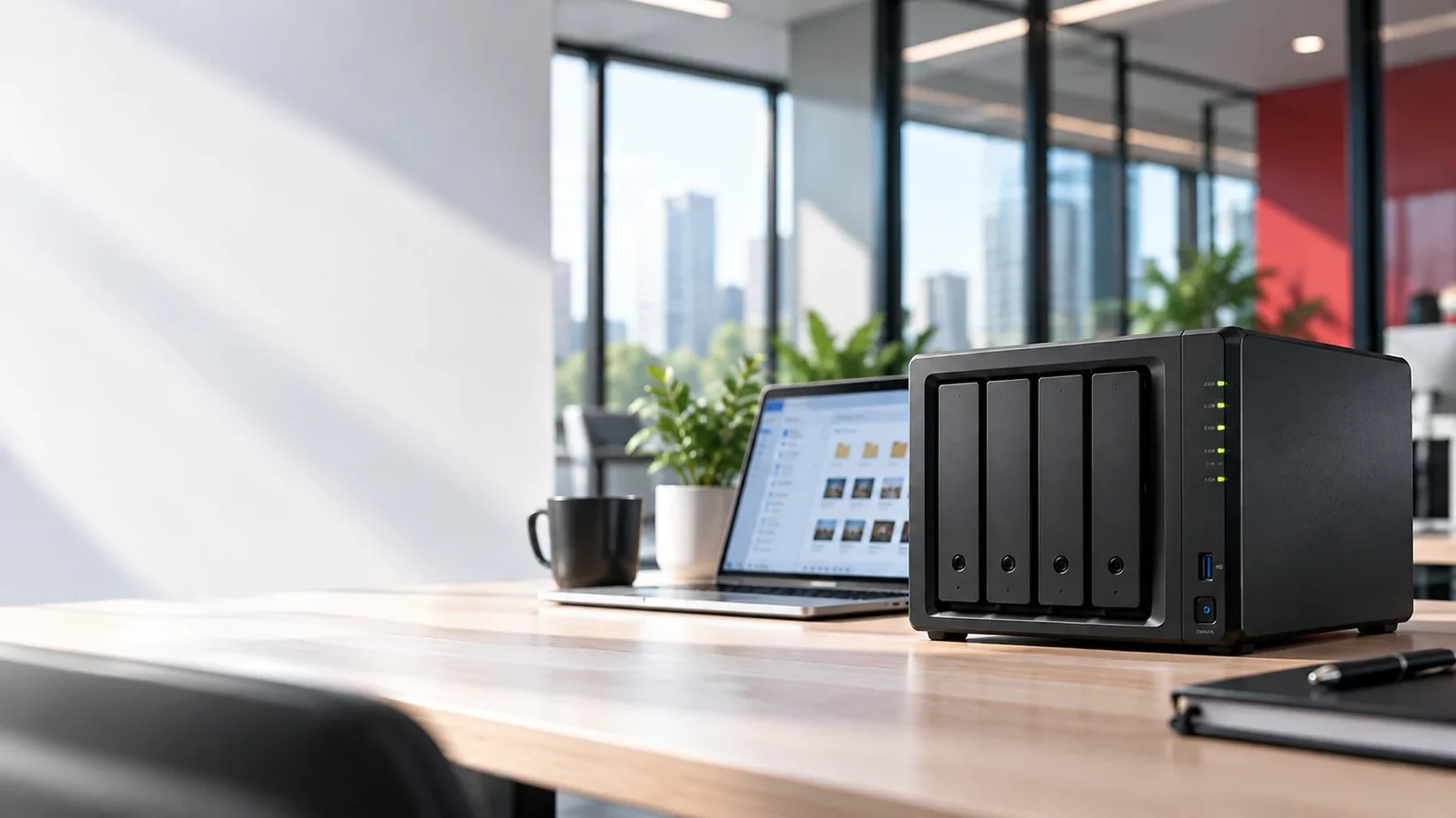 Four bay NAS equipment on an office desk
