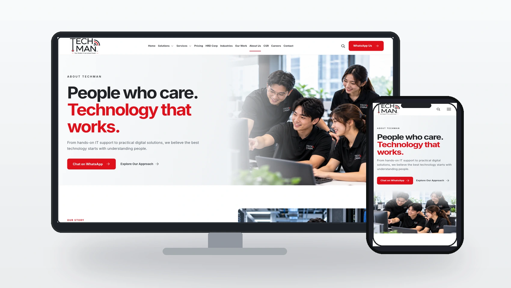 Authentic Techman website shown on desktop and mobile mockups with original Techman logo
